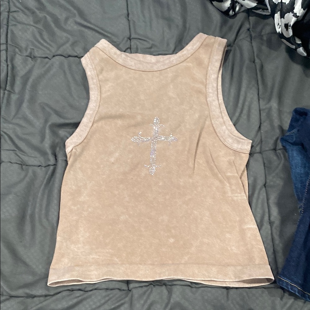 Women's Tan Sleeveless Top with Cross Design